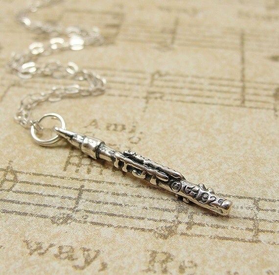 Flute Necklace Sterling Silver Charm on a 17 by treasuredcharms