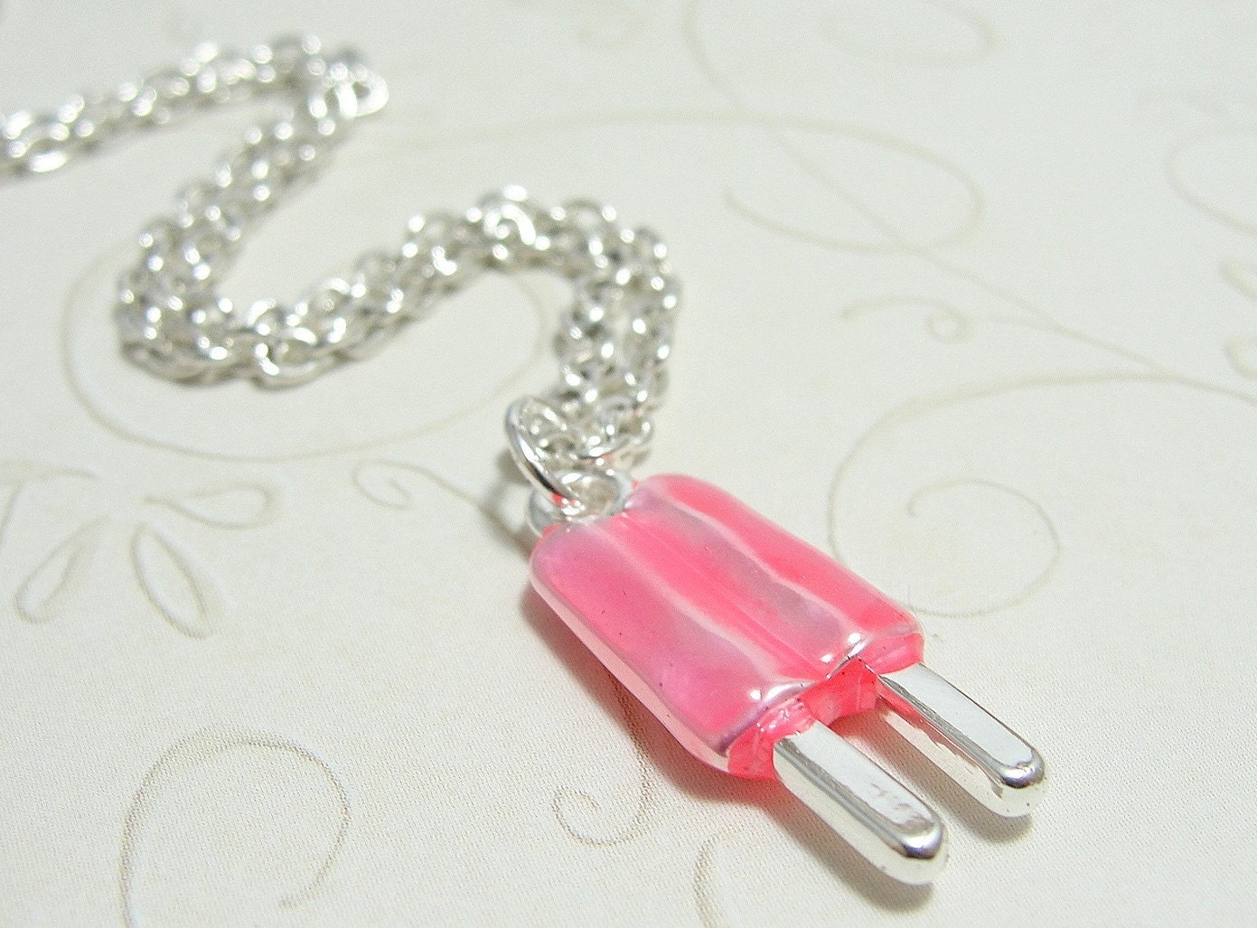 Pink Popsicle Necklace - Silver Plated and Enameled Charm on a 17 inch Cable Chain