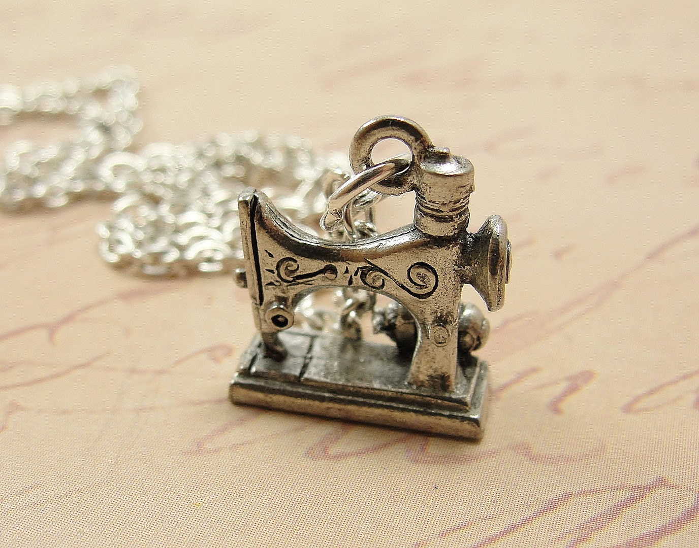 Antique Sewing Machine Necklace - Silver Plated Charm on a 17 inch Cable Chain
