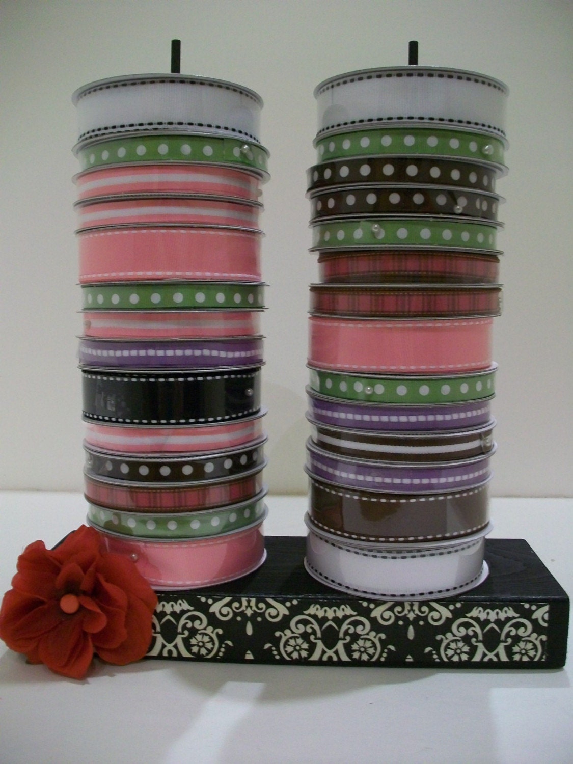Black and White Damask Ribbon Spool Holder - Can easily hold more than 30 spools of ribbon - Can be custom made any color