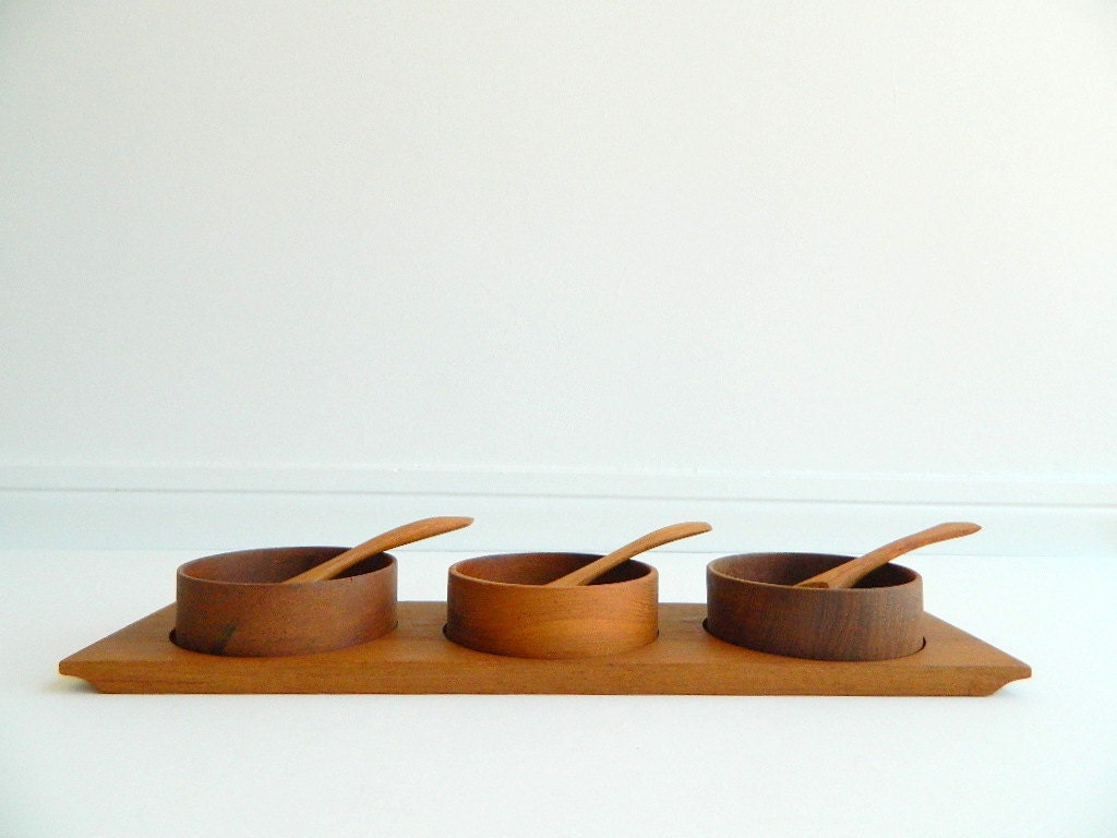 Danish modern wood condiment tray with bowls and spoons 7 piece set