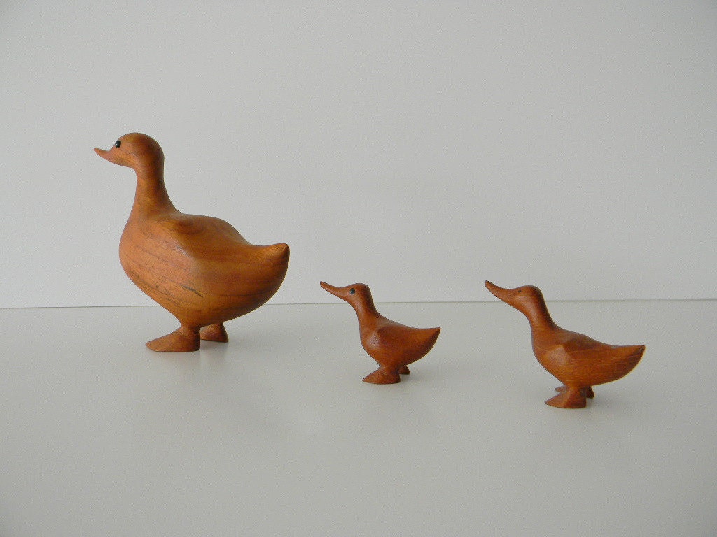 Three Scandinavian Wooden Duck and Ducklings Trio
