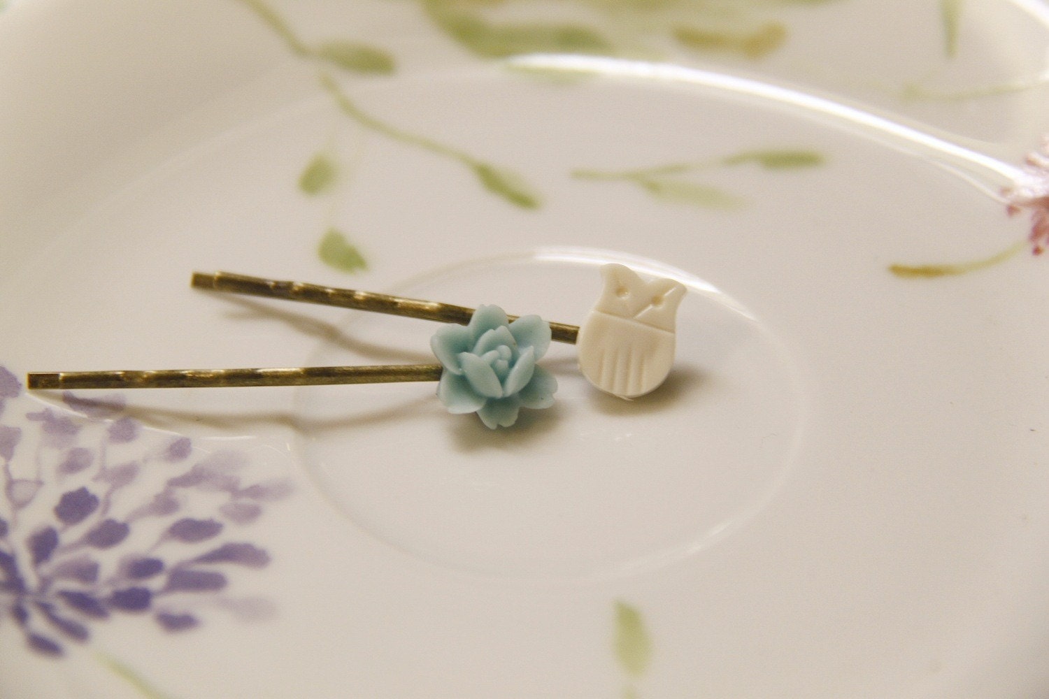 Ocean Breeze Rose and White Owl Bobby Pin Set