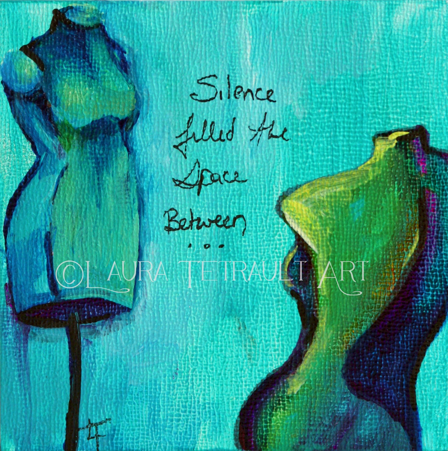 Original Art -Teal Blue and Lime green Dress forms-  4x4 Inches (10.2 x 10.2 cm) Acrylic Painting