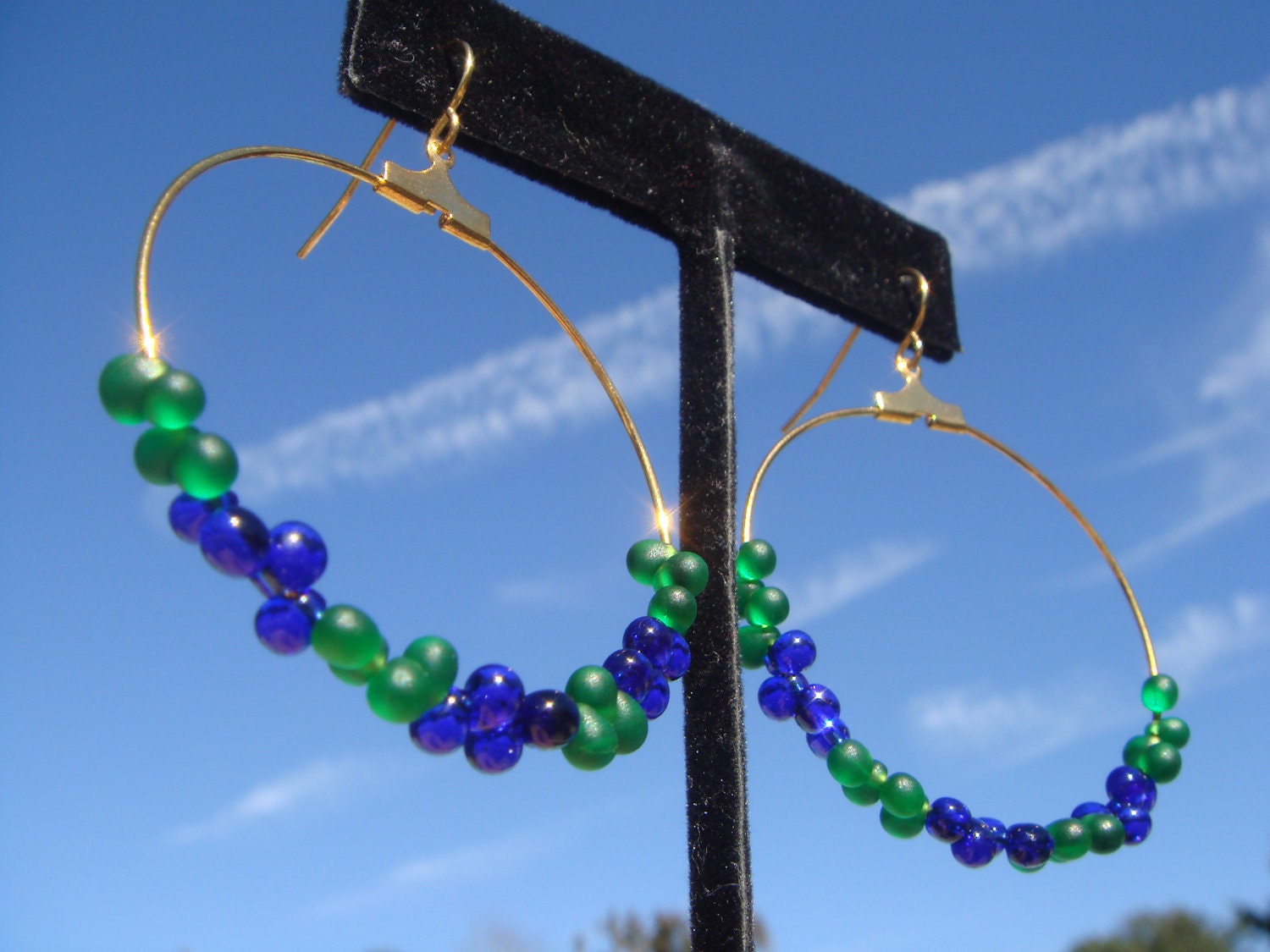 Blue and Green beaded hoops