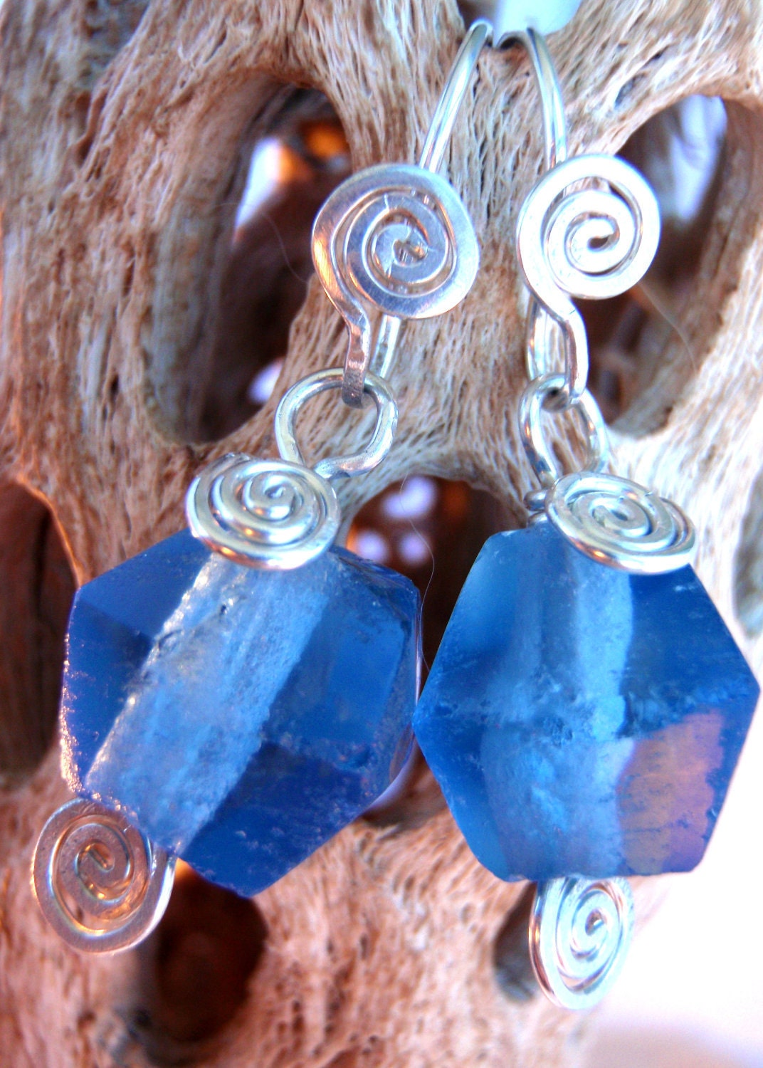 sky blue recycled glass and recycled sterling silver "recycled spirals" earrings