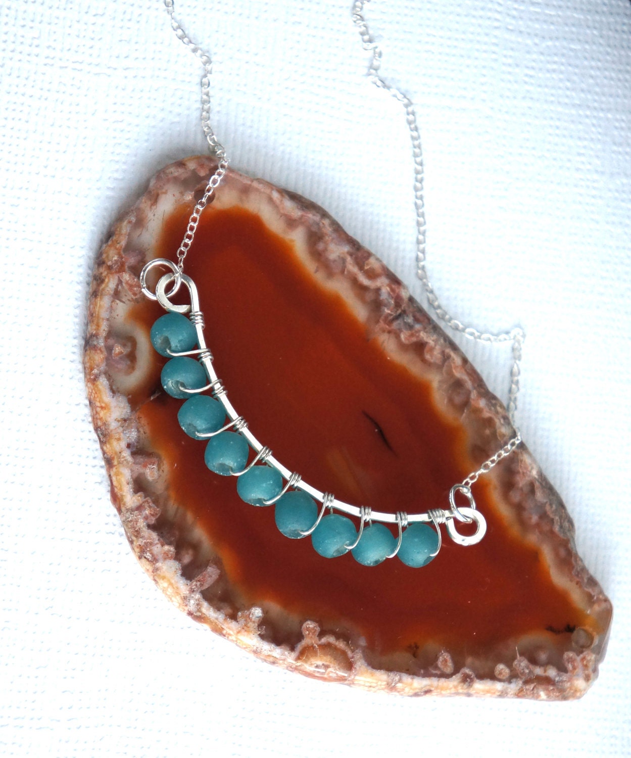 hand formed recycled sterling silver and bright blue recycled glass necklace- 'ellipse'