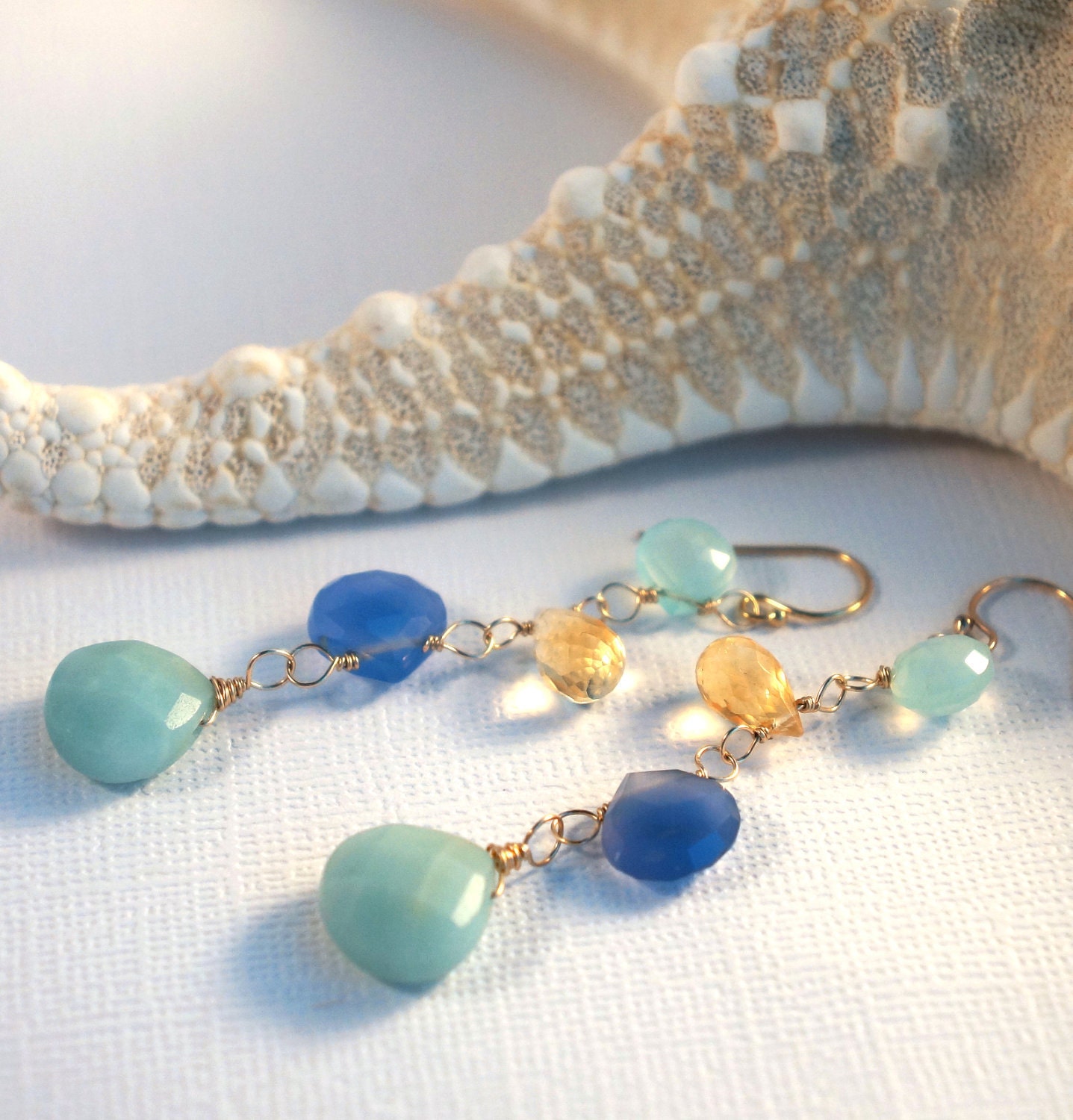 14K GF, amazonite, chalcedony and citrine- 'spring dew' earrings
