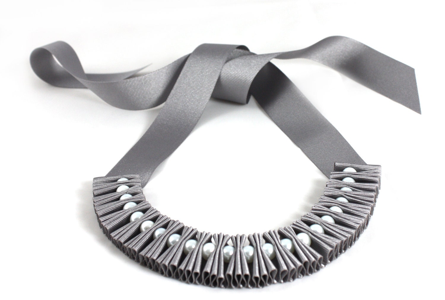 Petite Ribbon and Pearl Pleated Bib Necklace