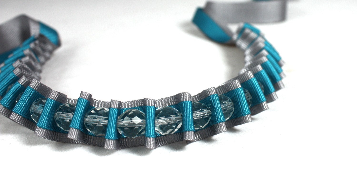 Turquoise and Grey Pleated Ribbon and Crystal Necklace