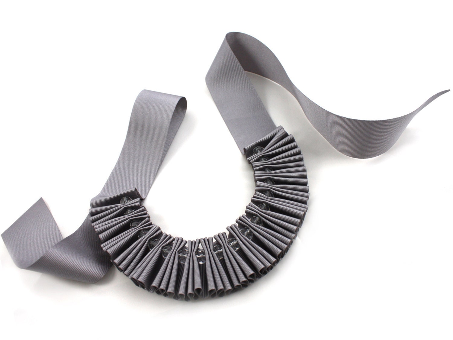 Ribbon Necklace - Chunky Grey Crystal Pleated Ribbon Necklace