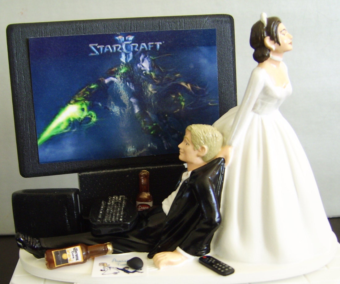 INTERNET  'junkie' Groom. Computer/PC Customized Wedding Cake Topper with Wide Screen TV