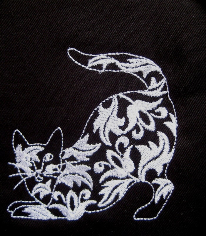 4 Damask Cats Embroidered Fabric Quilt Blocks
