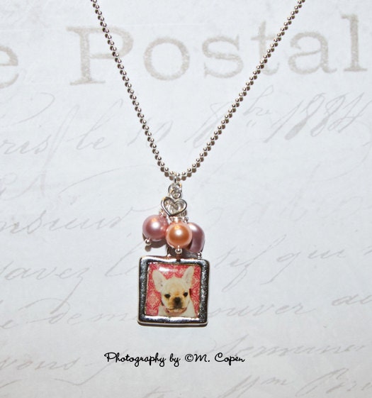 French Bulldog Puppy Pendant Necklace with Heart and Pearls