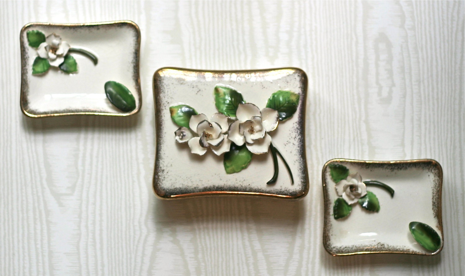 Vintage Lefton Bone China Cigarette Box And Ashtray Set White Roses Gold Trim