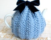 SALE - Blue hand knitted tea cosy with vintage tea pot