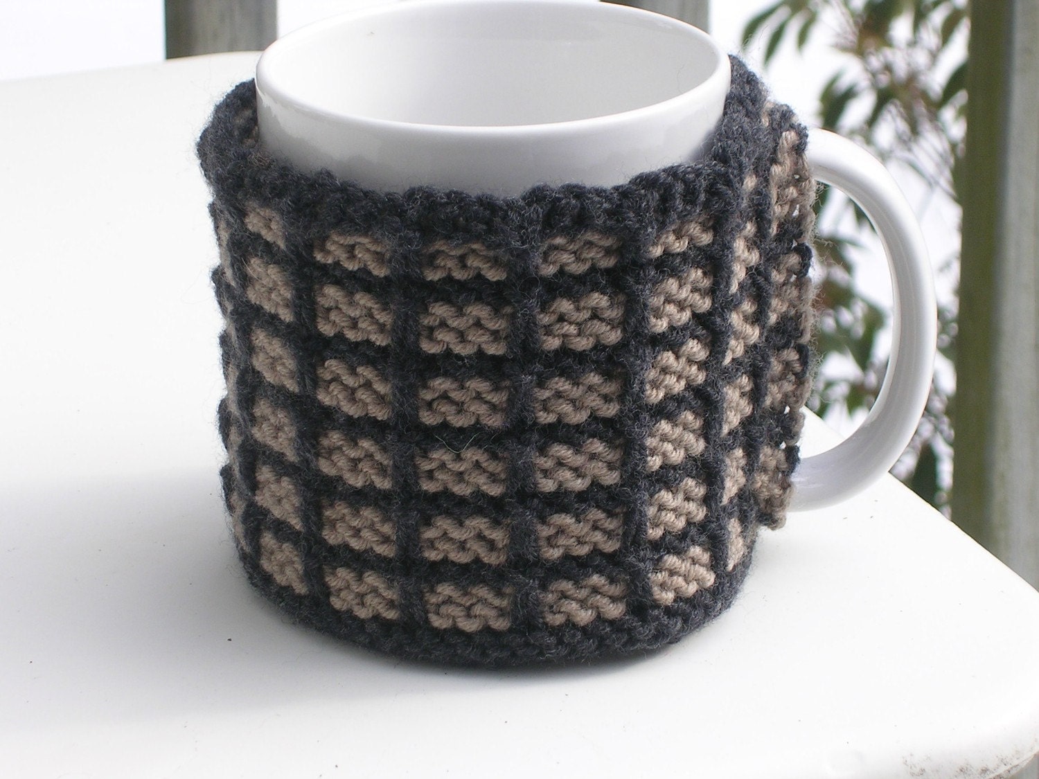 ON SALE Mug Cozy Brown and Oatmeal Checkerboard