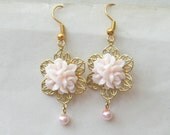 Pastel Pink Earrings, Pink Flower Earrings, Pearl Drop Earrings, Bridesmaid Earrings