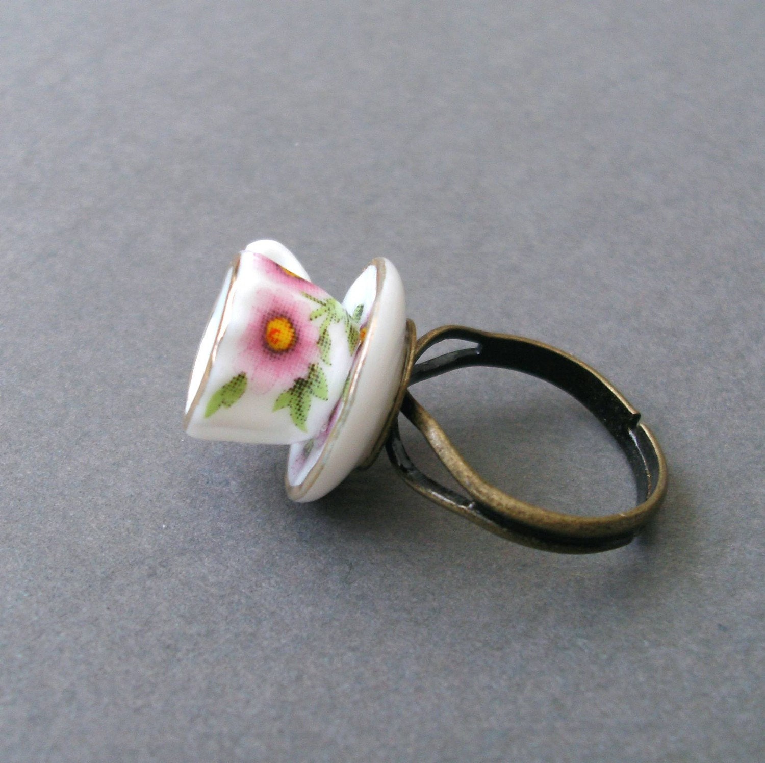 Tiny Teacup Ring - Pink Flowers - Real China Tea Cup and Saucer