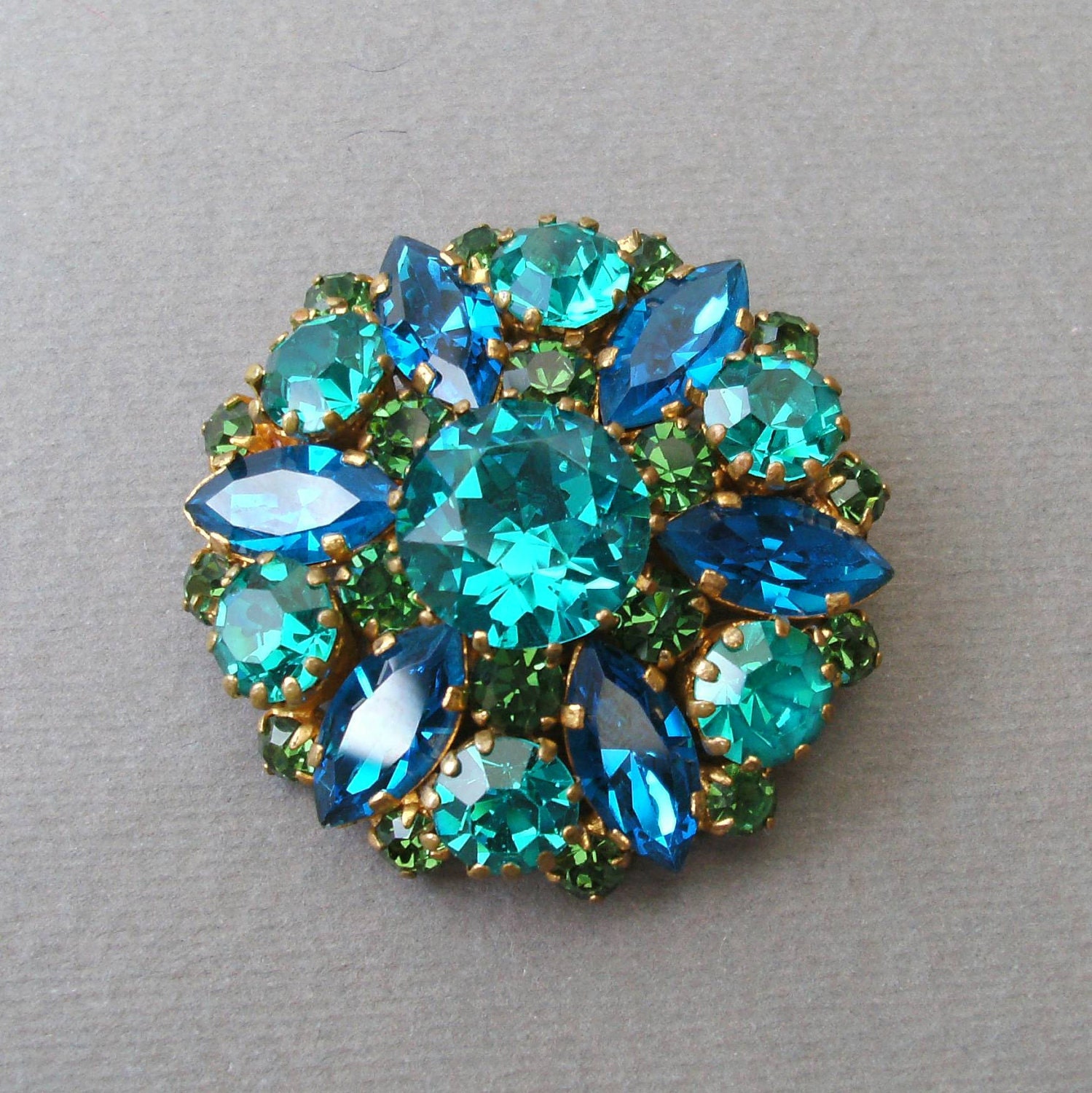 Vintage Sparkly Blue & Green Rhinestone Statement Brooch Pin 1960s