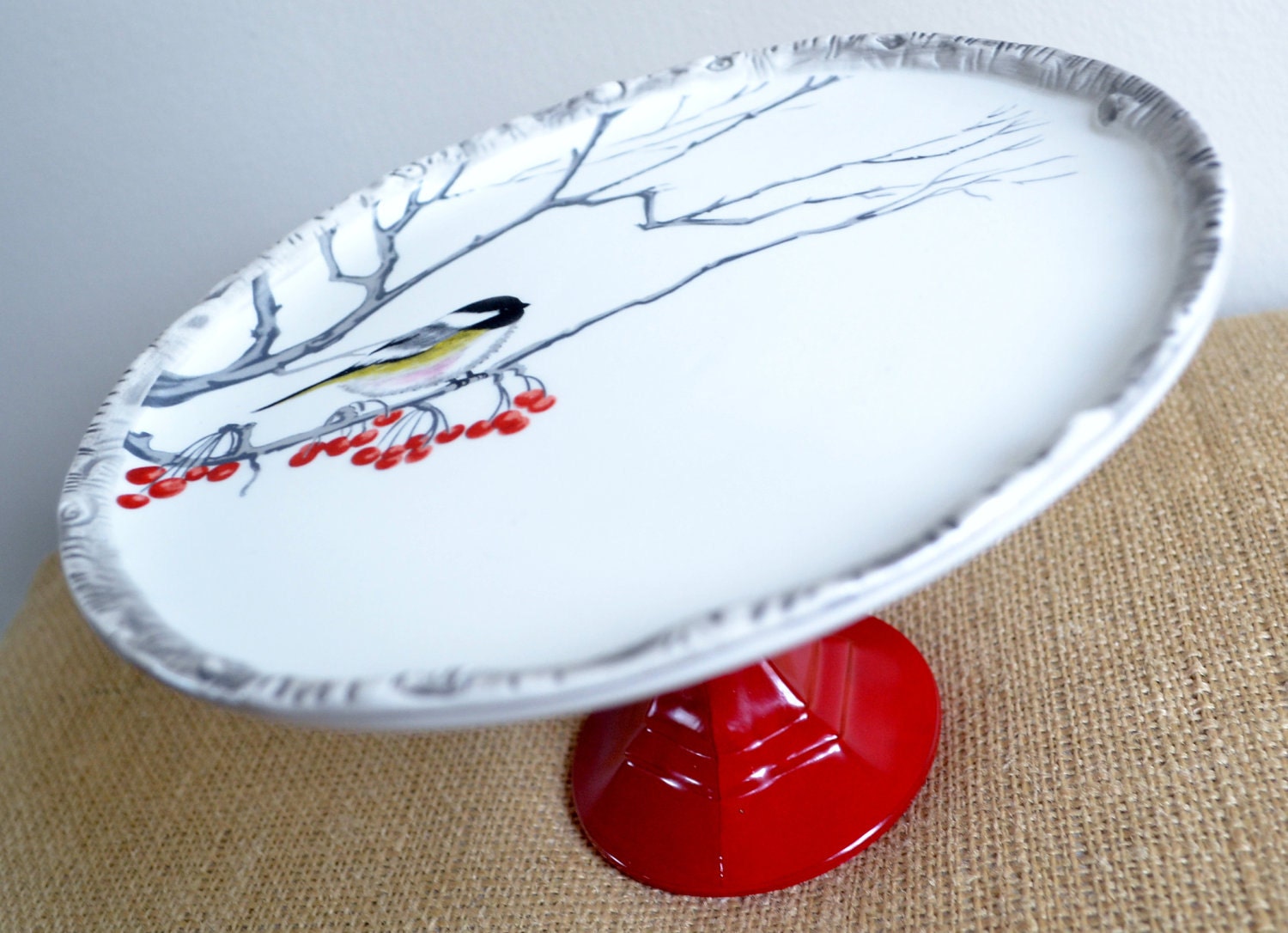 Unique Wedding Gift / Cake Plate / Dessert Pedestal / Cupcake Stand-Winter Bird