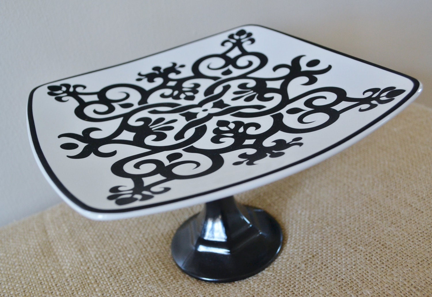 Cake Plate / Cupcake Stand / Dessert Pedestal-Darling Damask-As Featured in BRIDES Magazine