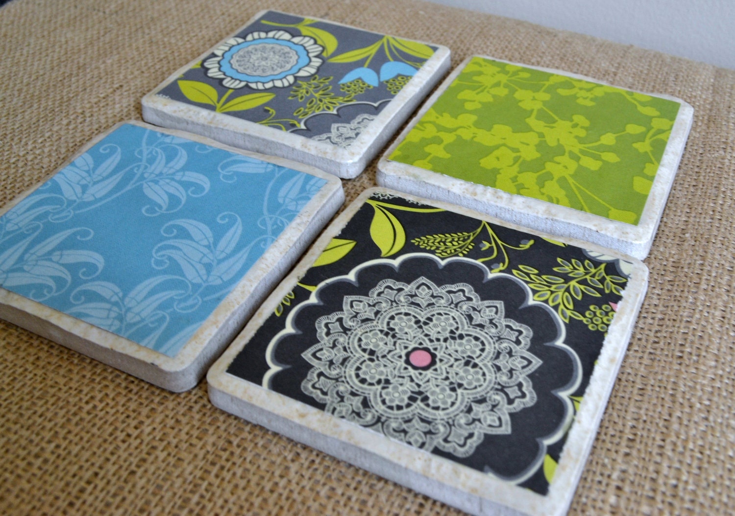 Wedding Gift/Birthday Present-Coasters-Blue and Green-Shabby Lace
