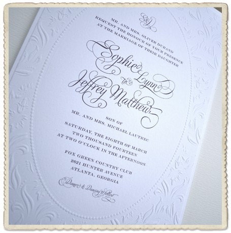 Wedding Invitation Sample, Embossed Floral Damask Design