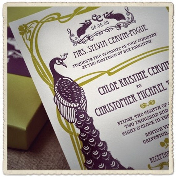 Letterpress Wedding Invitation - Art Nouveau Peacock Design