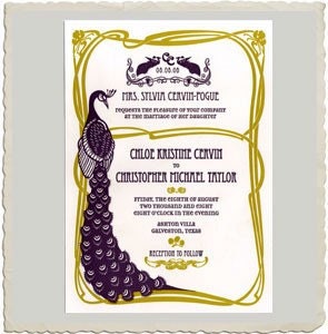 Letterpress Wedding Invitation - Art Nouveau Peacock Design