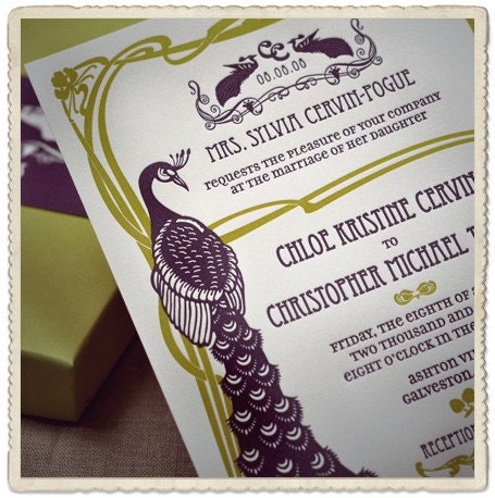 Letterpress Wedding Invitation - Art Nouveau Peacock Design