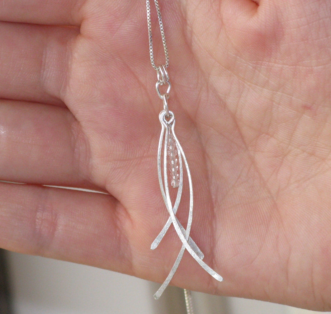 Argentium Sterling Silver 'Feather' and Crystal Drop Necklace