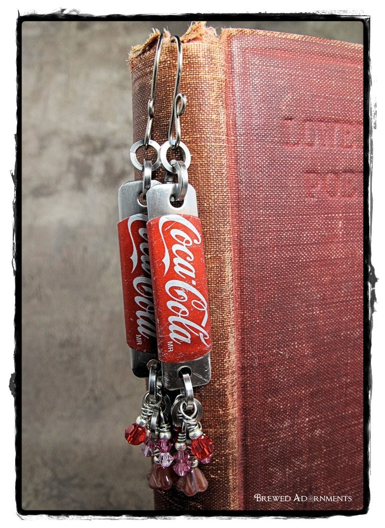 Bottle Cap Earrings Coke with Swarovski Crystal dangles