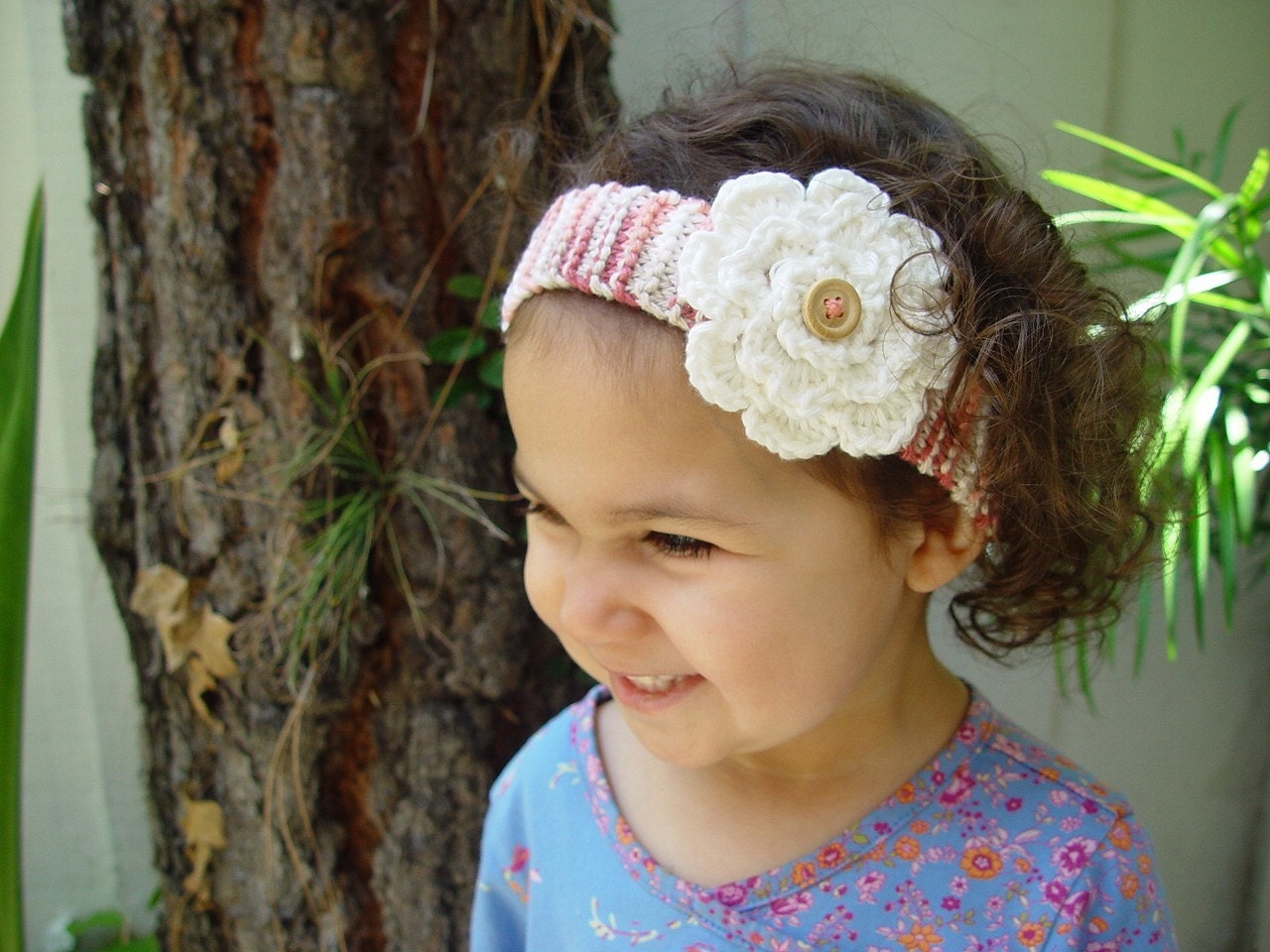 Eco-friendly, organic cotton knit baby headband with crochet flower