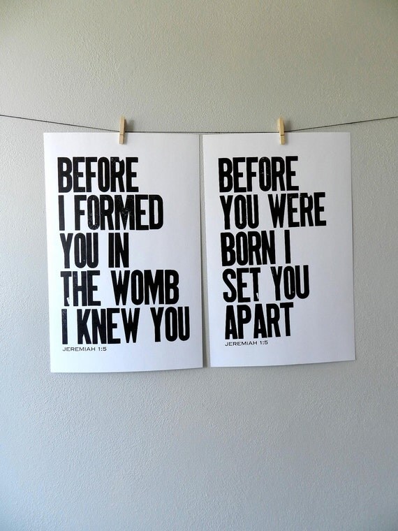 Baby Nursery and Children's Wall Decor, Modern Black and White Letterpress Religious Art Posters, Set of 2, Jeremiah 1:5, 11x17