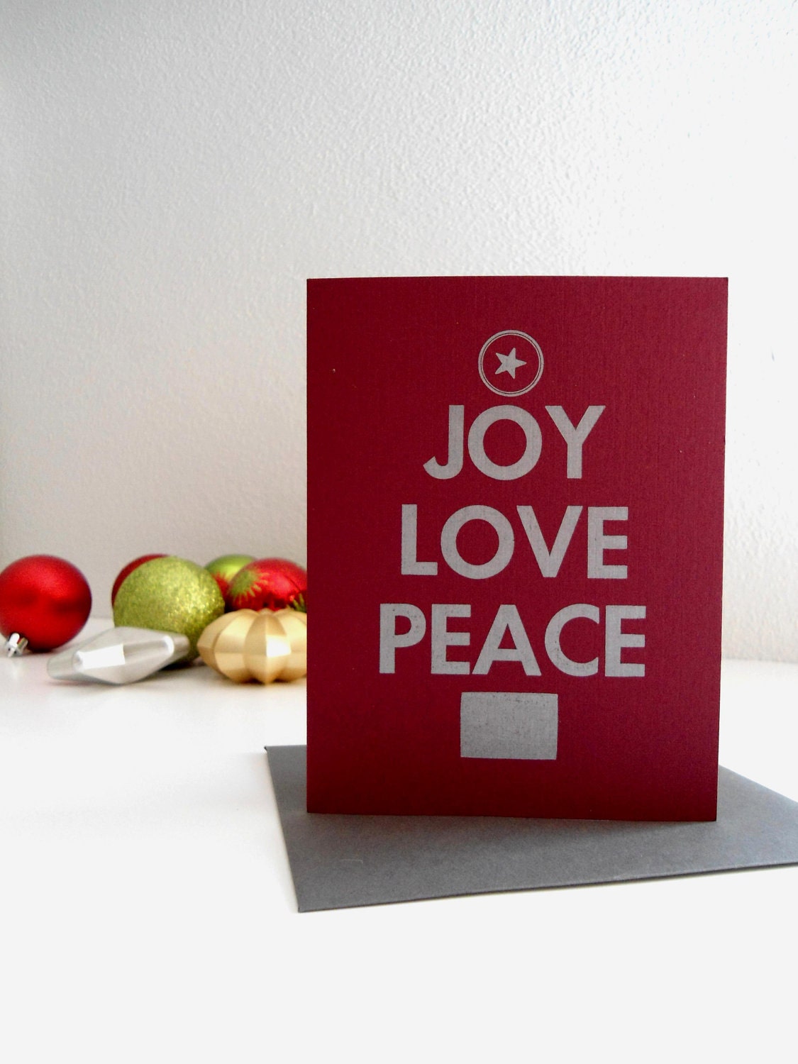 4 Letterpress Christmas Cards, Burgundy and Silver Joy, Love, Peace (Set of 4)
