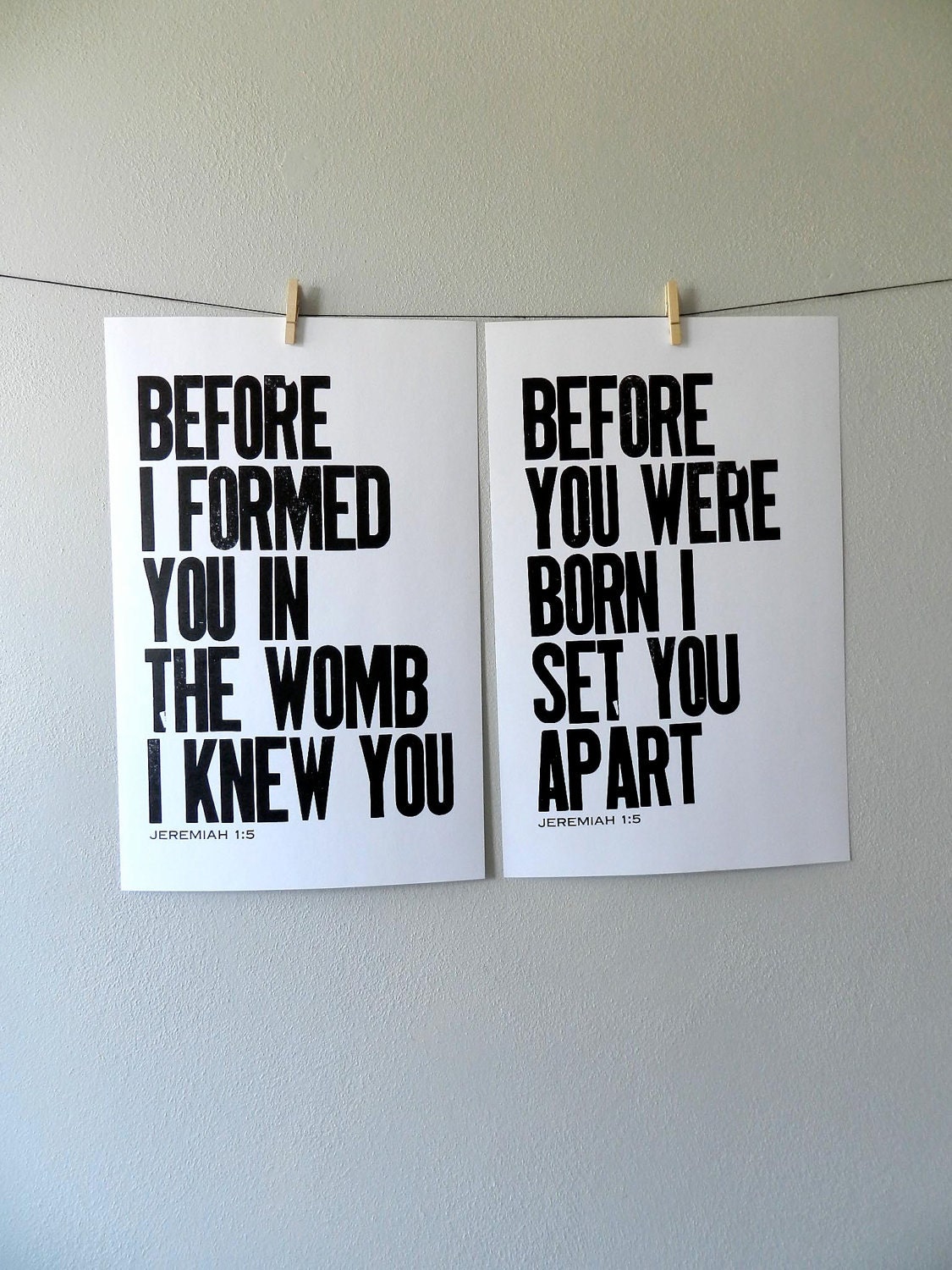 Baby Nursery and Children's Wall Decor, Modern Black and White Letterpress Religious Art Posters, Set of 2, Jeremiah 1:5, 11x17