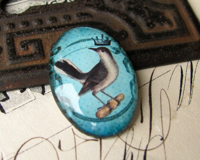 Kingfisher bird on aqua blue - 25 x 18mm glass oval cabochon - handmade - teal, turquiose 25x18mm 18x25mm 25x18 18x25 18 25 140