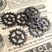 16mm small gears, dark antiqued brass (4 gears) spoke, sprocket, center hole, Steampunk watch part, aged black patina