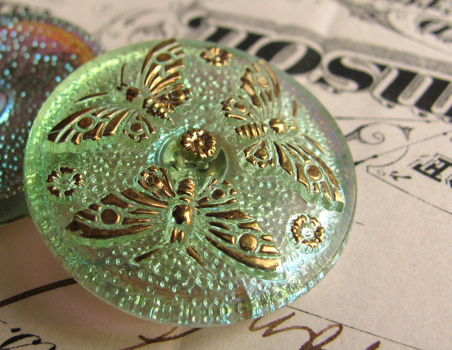 27mm chartreuse green butterfly Czech glass button - hand painted, hand forged - iridescent foiled back
