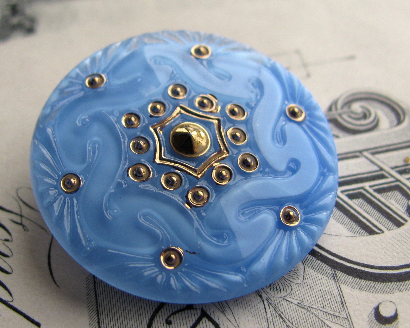 27mm periwinkle blue Czech glass button - hand painted, hand forged - gold highlights