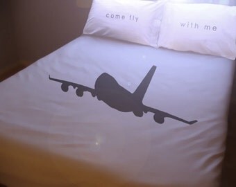 Airplane Duvet Cover Set Pillowcases Jumbo Jet Airliner Aircraft Come Fly With Me Twin Full Double Queen King