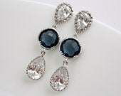 Bridesmaid earrings Clear Cubic Zirconia Teardrop Earrings Silver Post Sapphire Blue Bridal Earrings