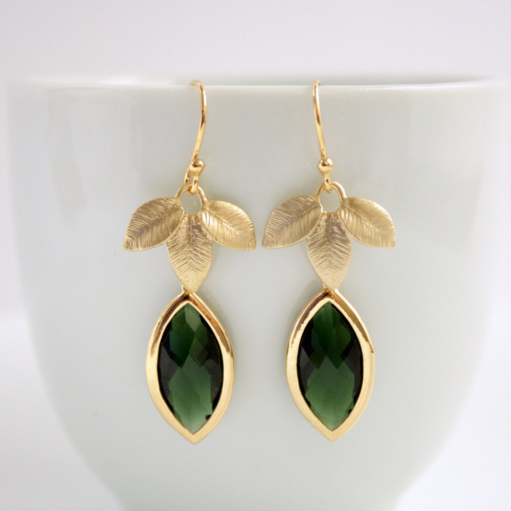 Gold Emerald Green Earrings Marquis Glass on Leaf Dangles