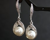 Wedding Jewelry Bridal Earrings Cubic Zirconia Drops with White Swarovski Pearls Cubic Zirconia Earwires Silver
