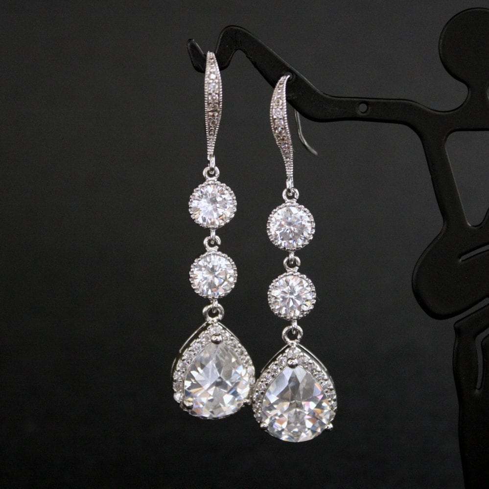 Wedding Jewelry Bridal Earrings Silver Clear Cubic Zirconia Drops