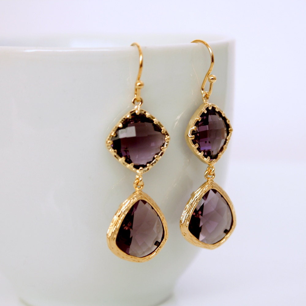 Purple Amethyst Earrings Gold Rosecut Glass