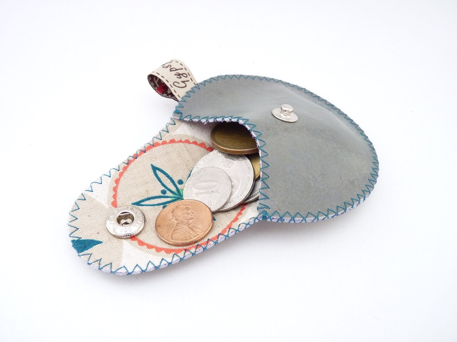 The Mini Gypsy Change Purse Light Teal Leather and Modern Print Linen Lining / Ready to Ship