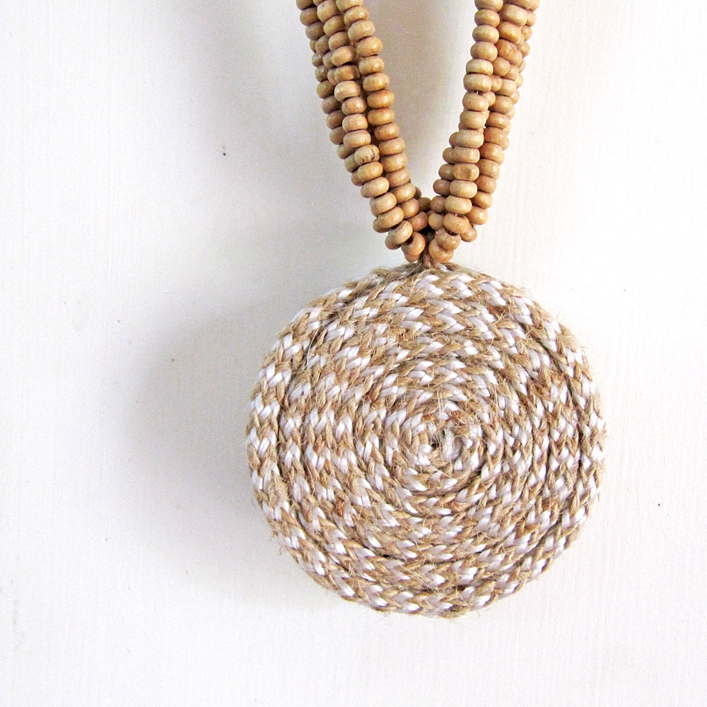 Organic jewelry - White hemp necklace - Big round pendant - Indian, ethnic, rural, primitive, zen, funky, autumn, fall - White, Brown, Beige