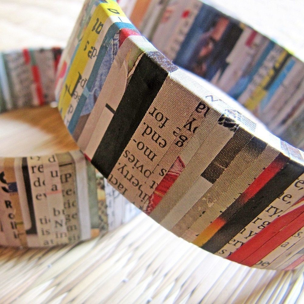Recycled newspaper bracelet - Recycled jewelry - First anniversary gift - Eco friendly jewelry - Eco friendly, Colorful, Black, White, Red